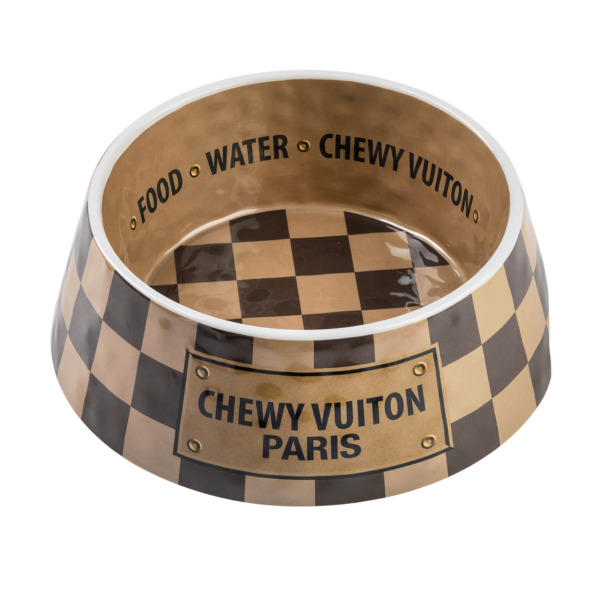 Chewy Vuitton Checker Dog Bowl Small Brown